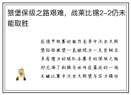 狼堡保级之路艰难，战莱比锡2-2仍未能取胜