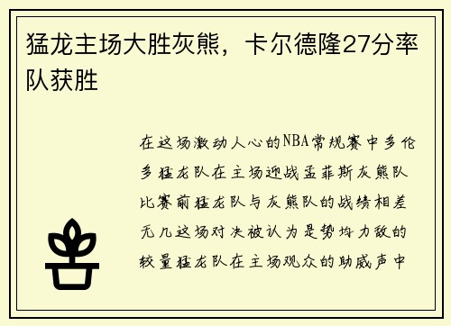 猛龙主场大胜灰熊，卡尔德隆27分率队获胜