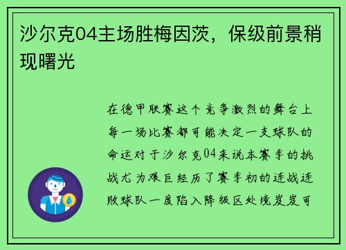 沙尔克04主场胜梅因茨，保级前景稍现曙光